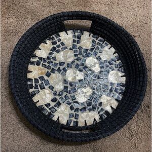 Basket Tray Skull Motif Stone Work Mosaic Bamboo Table Carrying Serving